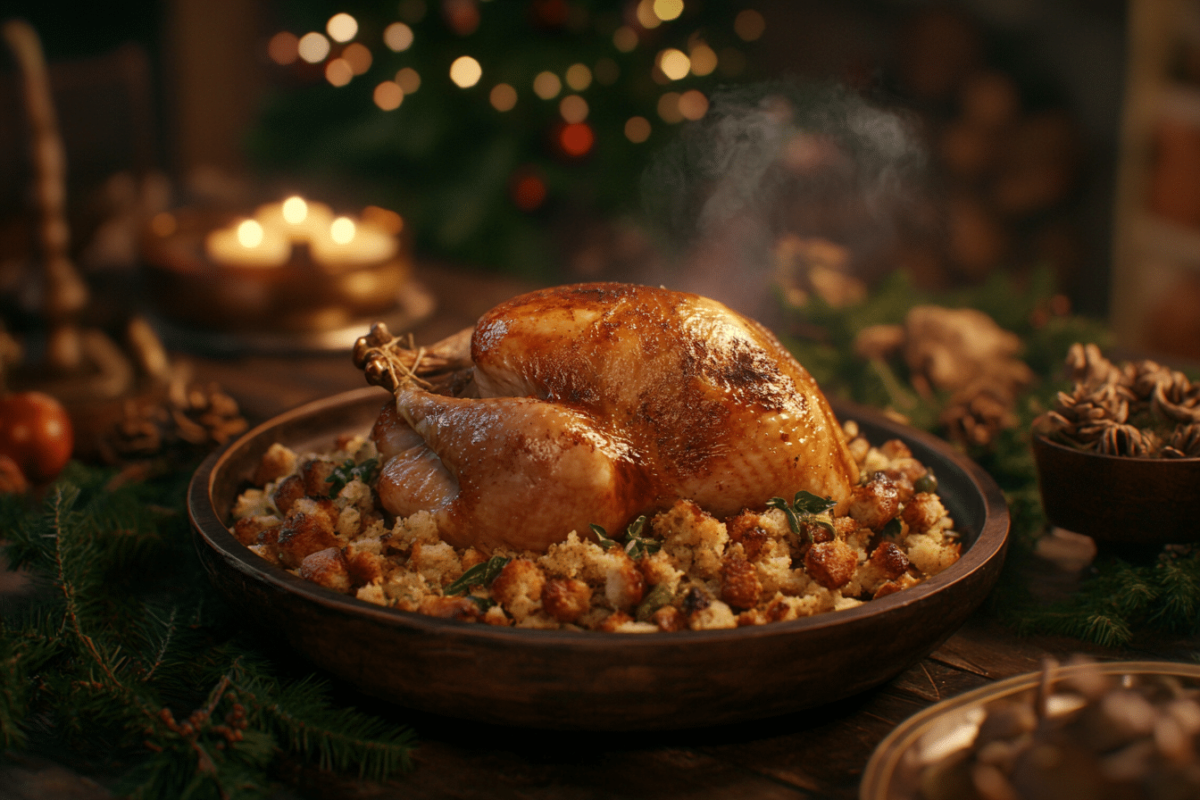 Classic homemade turkey stuffing on a festive holiday table