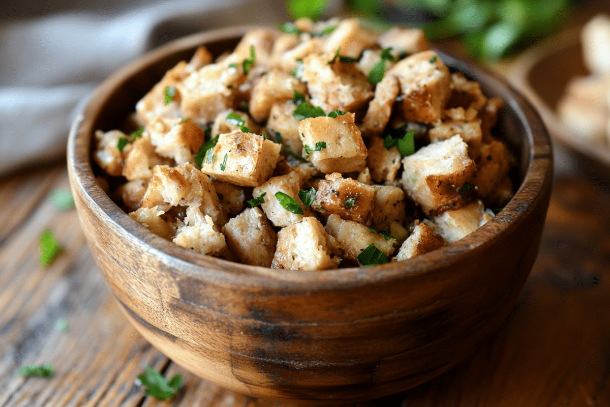 Grandma Winnie's turkey stuffing served in a festive dish, garnished with fresh herbs, perfect for a holiday meal.