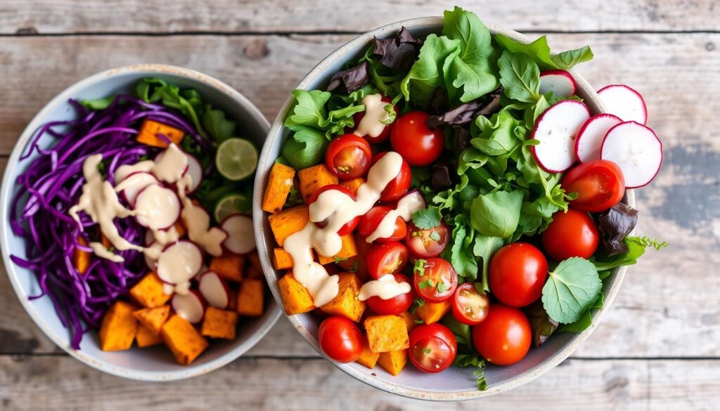 Rainbow nourishment bowls with maple tahini, a vibrant vegetarian cuisine option.