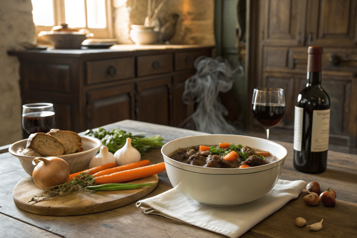 A bowl of Beef Bourguignon surrounded by fresh ingredients.