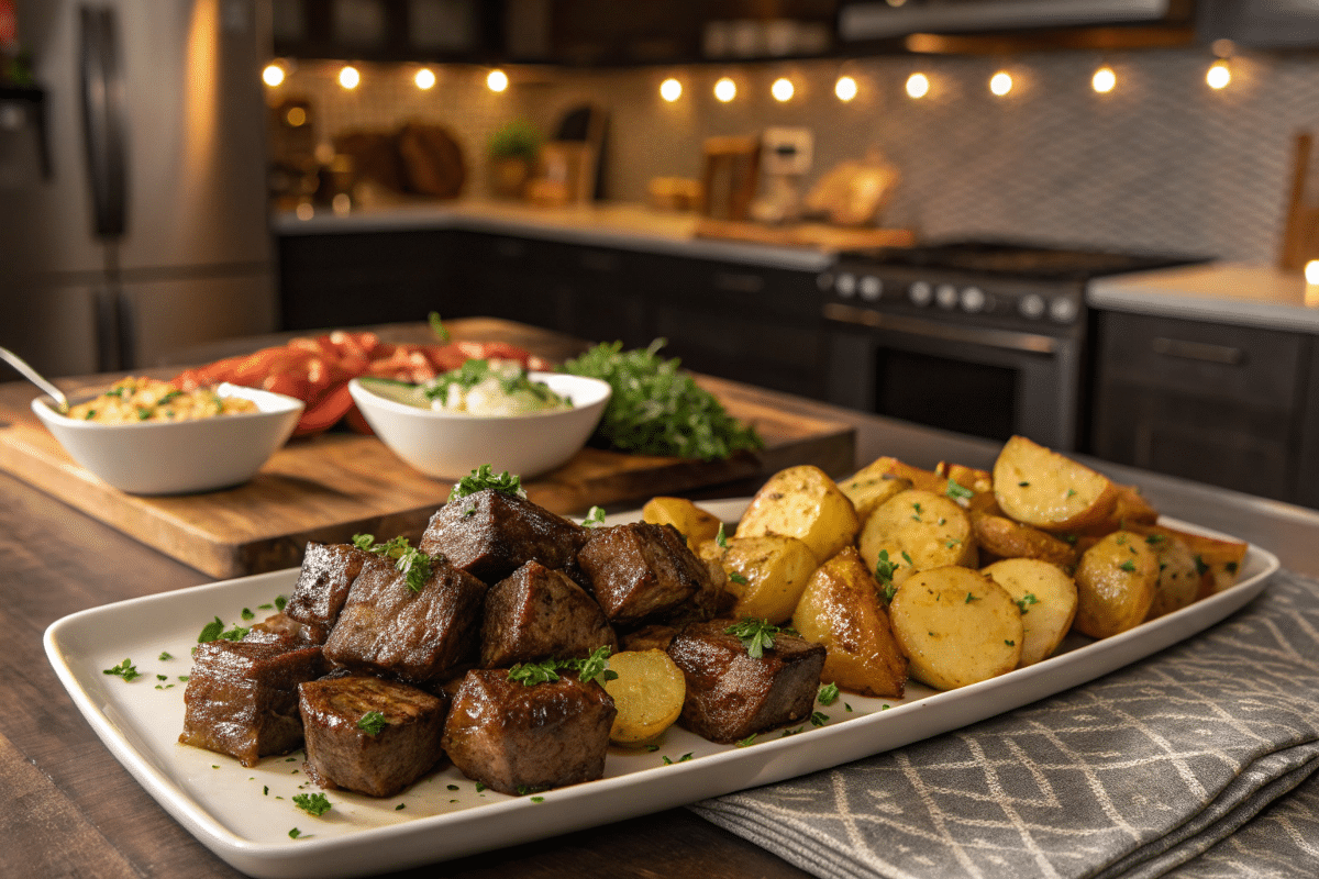 Garlic butter steak bites and crispy potatoes served in a beautiful, modern kitchen setting."