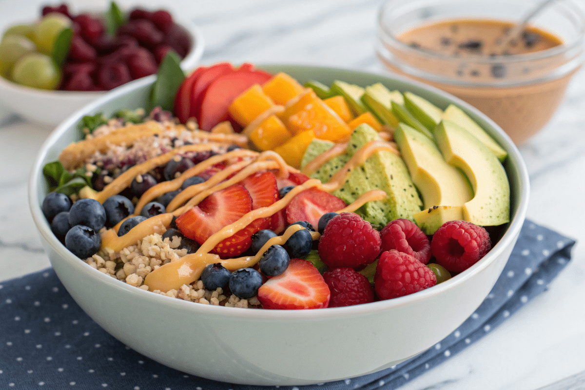 Vibrant rainbow nourishment bowls topped with creamy maple tahini dressing, served in a modern dining setting.