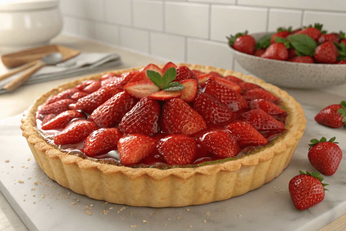 A freshly baked strawberry pie topped with vibrant red strawberries and a golden crust, served on a rustic wooden table