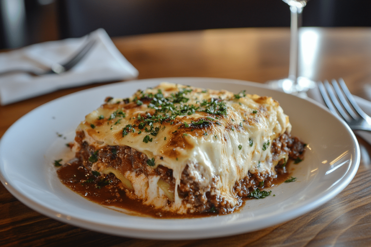Authentic Lasagne alla Bolognese served with layers of rich sauce and cheese