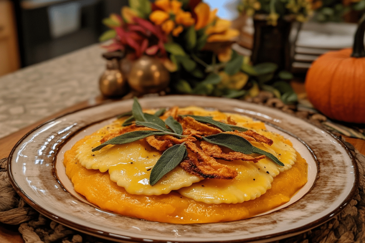 Homemade butternut squash ravioli with sage butter sauce and crispy sage leaves