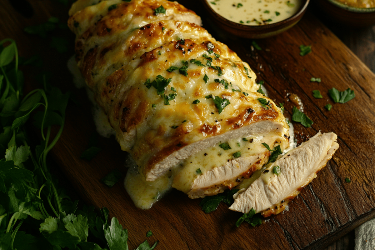 Cheesy garlic chicken wrap with sauce and fresh greens.