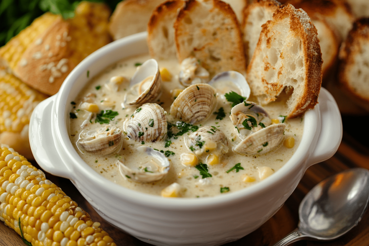 A warm bowl of creamy clam chowder topped with fresh parsley and clams, surrounded by toasted rustic bread slices and a piece of corn on the cob, set on a wooden surface with natural light creating a cozy atmosphere.
