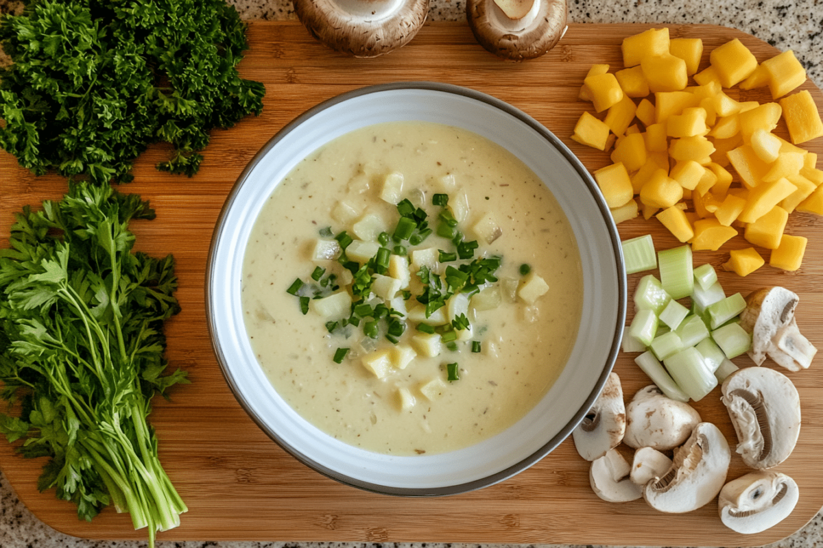 A bowl of creamy potato soup with diced potatoes, placed on a wooden cutting board surrounded by ingredients like chopped onions, sliced mushrooms, diced yellow vegetables, fresh parsley, and celery. Bright, even lighting highlights the soup and its components.