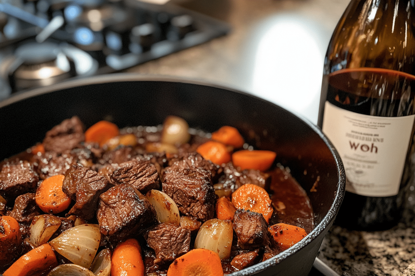Beef Bourguignon cooking in a cast iron pot with vegetables.