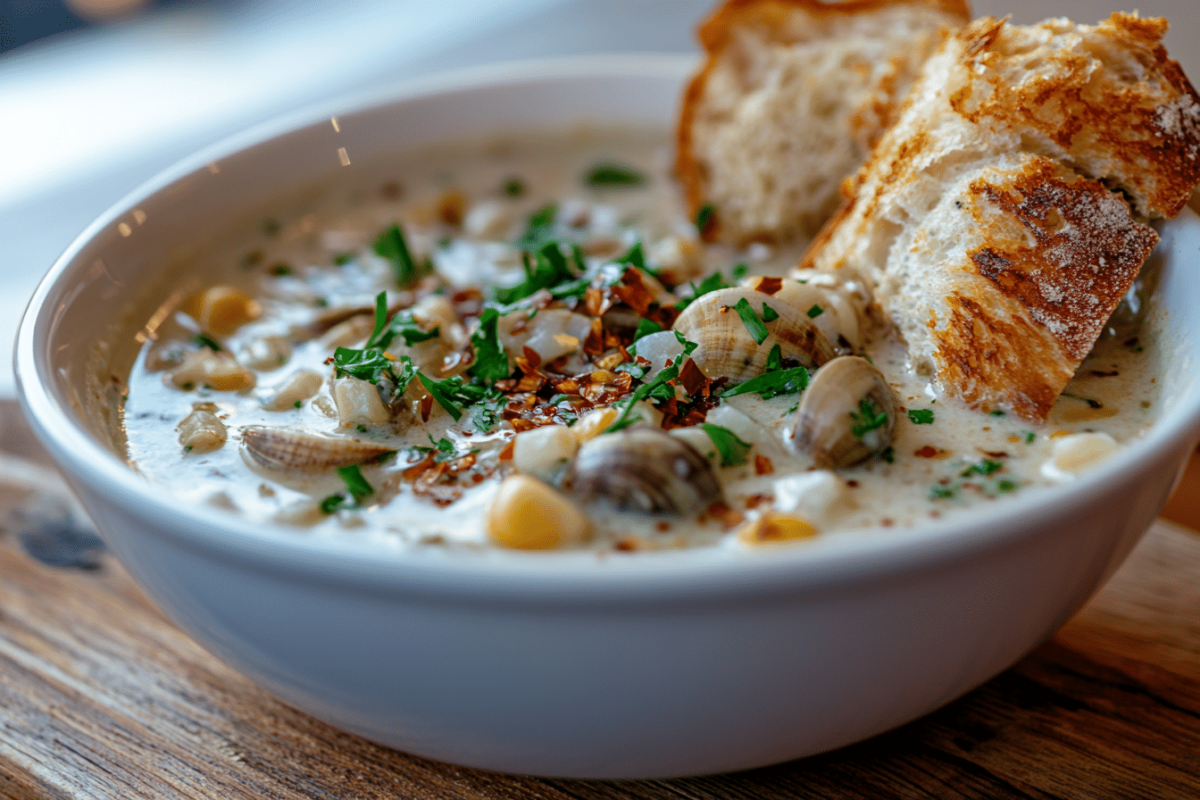 Bowl of creamy Californian clam chowder with fresh parsley and crusty bread on a rustic table.Creamy Californian Clam Chowder