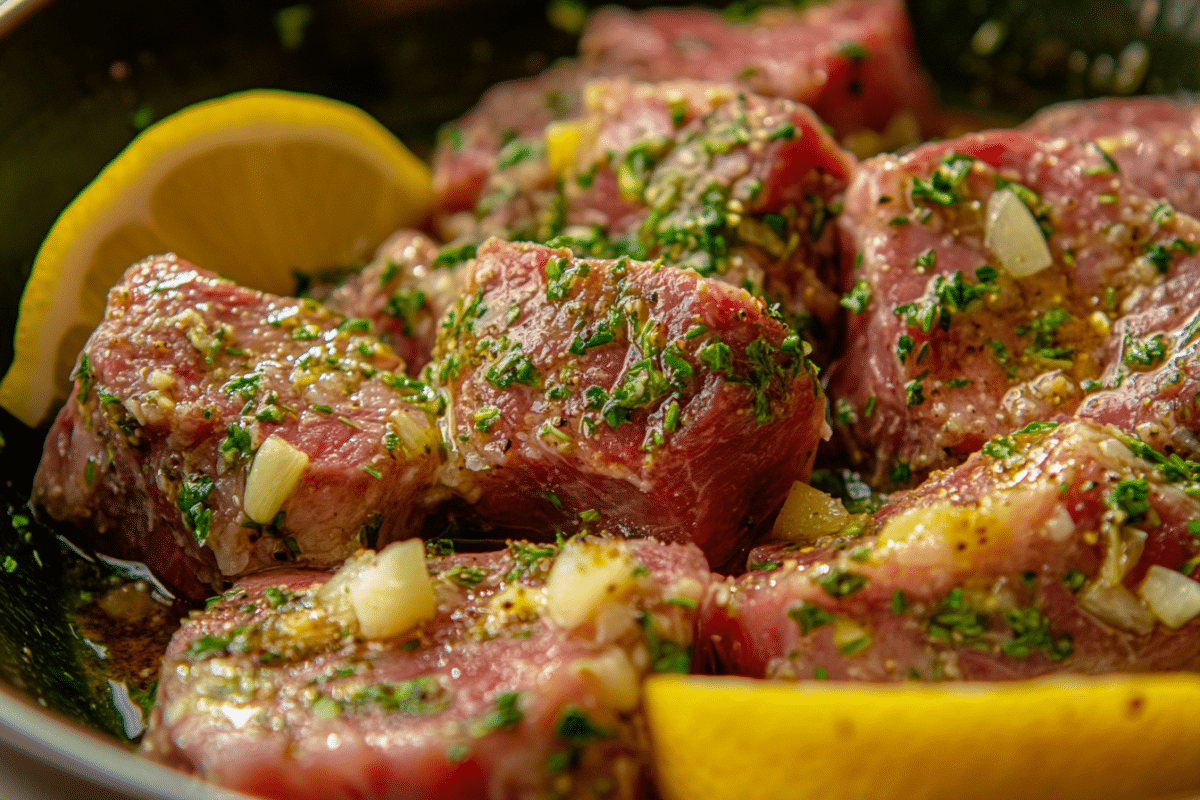 Freshly marinated lamb chops with garlic, olive oil, and herbs.