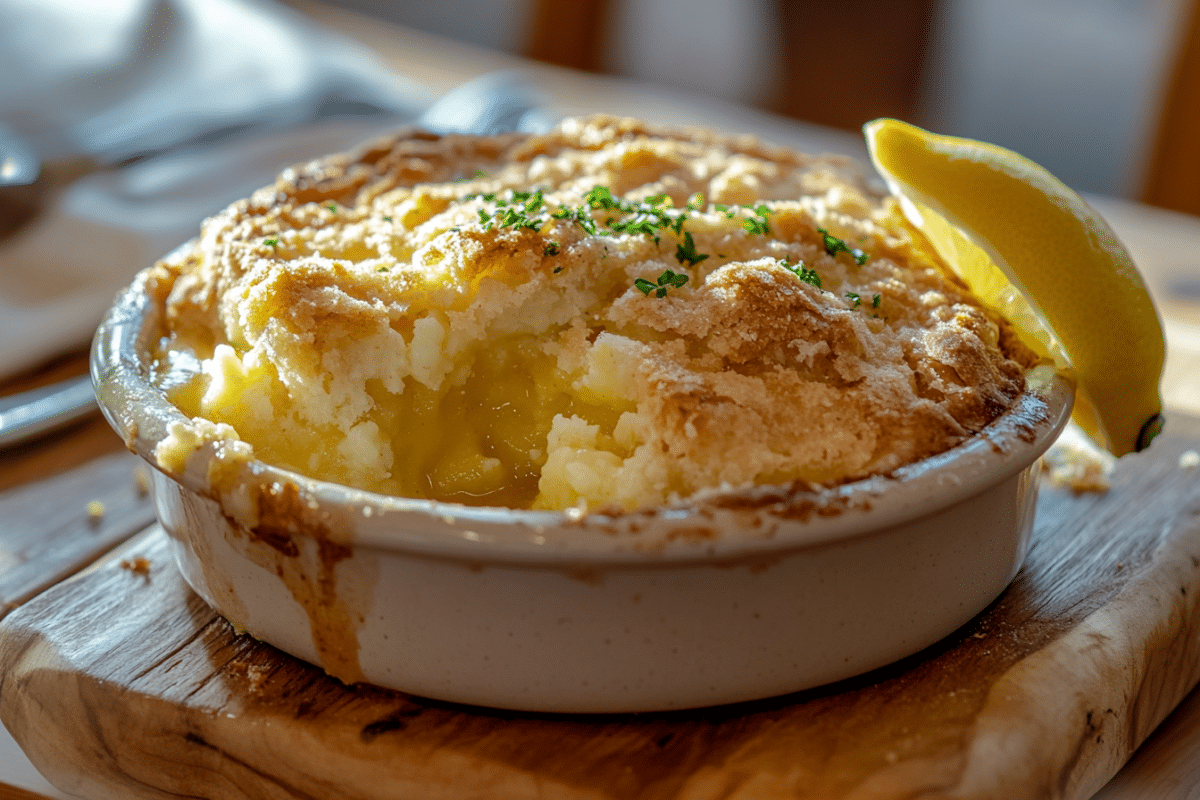 Golden-brown lemon cobbler served in a ceramic dish