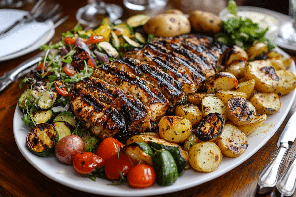 Païdakia served with roasted potatoes, salad, and grilled vegetables.