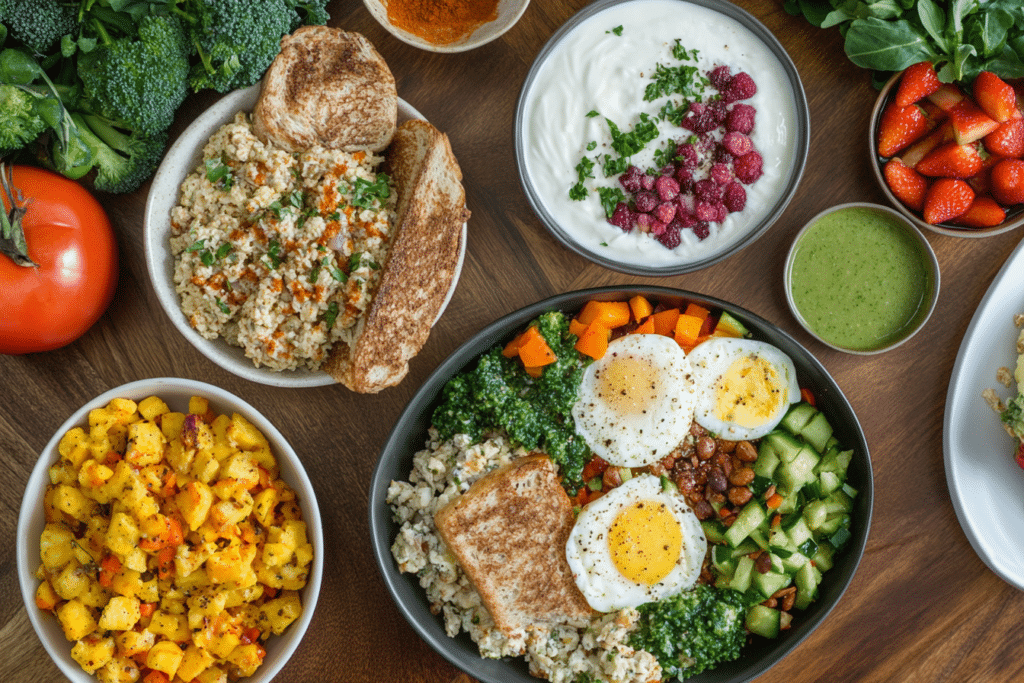 High protein brunch with yogurt, smoothie bowls, eggs, and toast