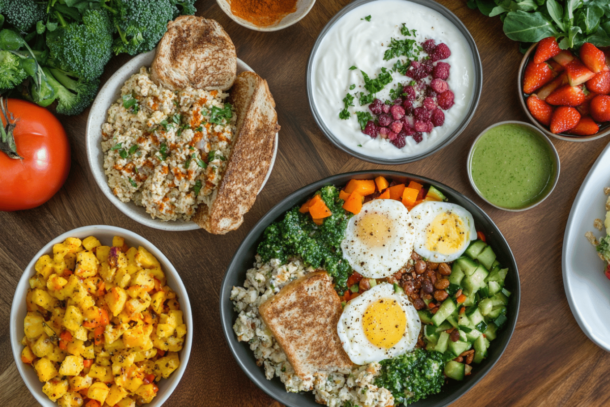 High protein brunch with yogurt, smoothie bowls, eggs, and toast