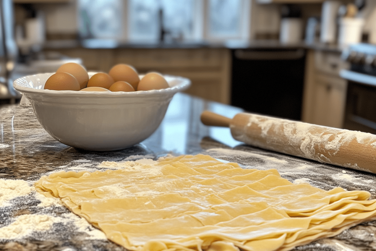 Rolling out fresh pasta dough for ravioli