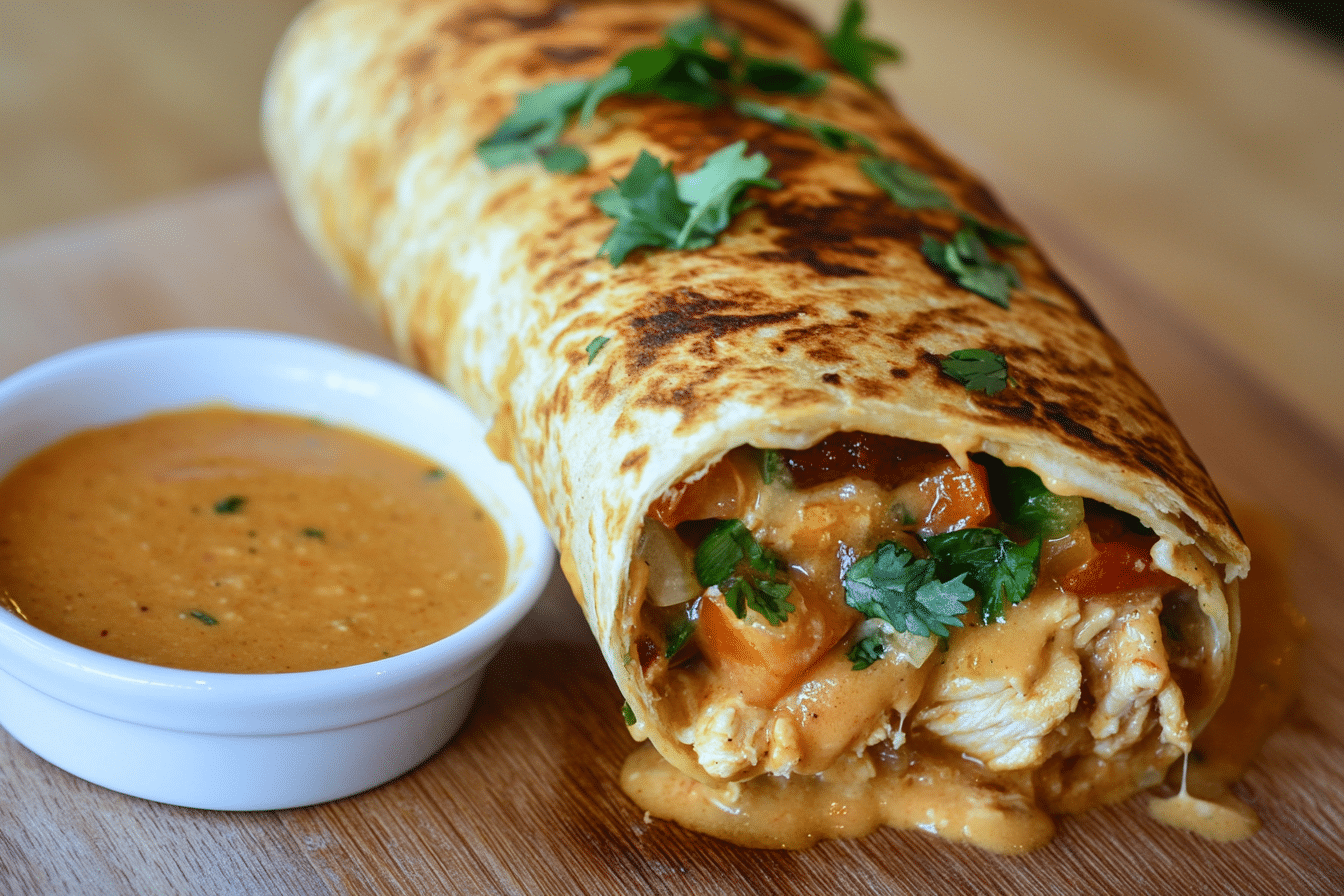 Golden-brown crispy tortilla wrap filled with cooked chicken, melted cheese, vegetables, and cilantro, served with a light orange-brown dipping sauce