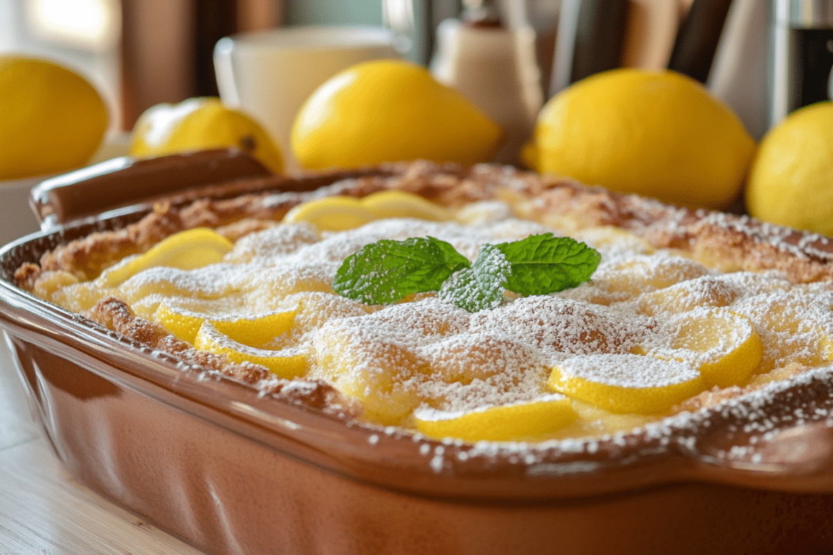 Serving of lemon cobbler with whipped cream
