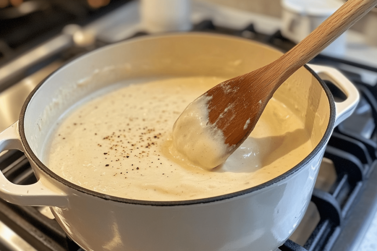Creamy béchamel sauce being stirred in a pot
