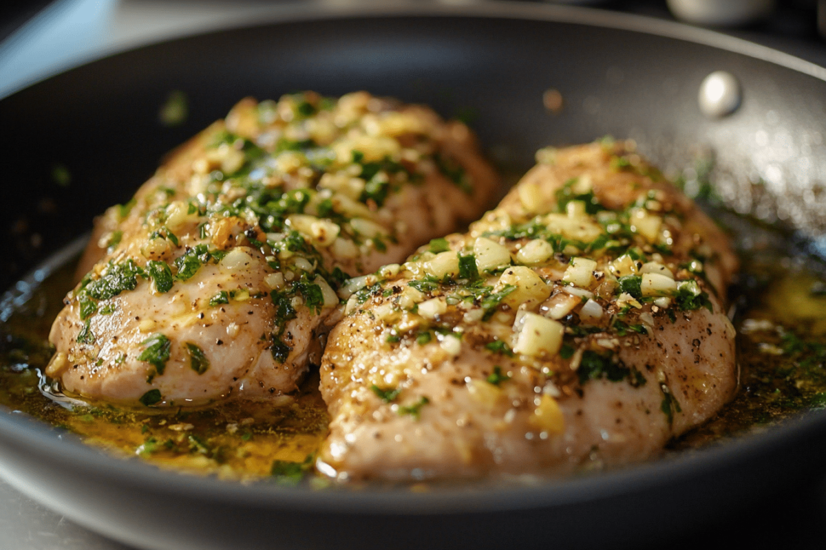  Cooking garlic chicken filling in a skillet.