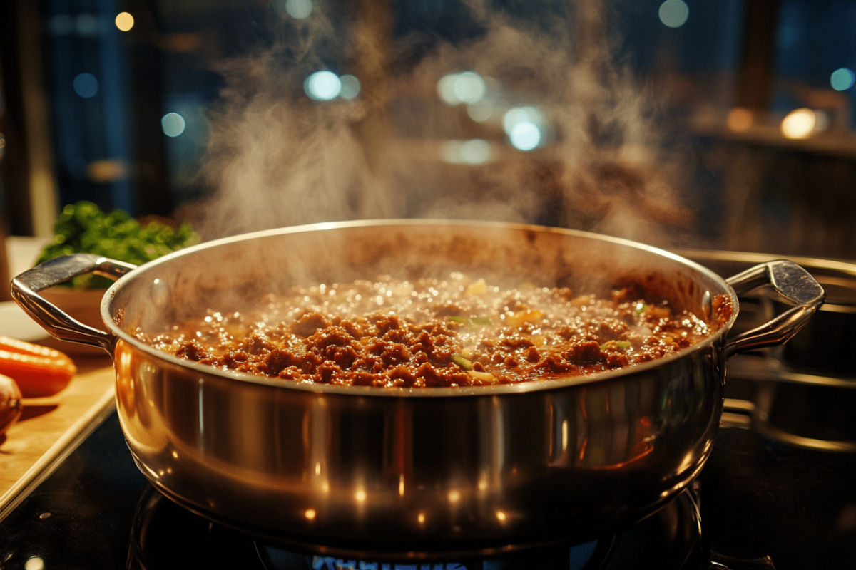 Classic Bolognese sauce simmering with ground beef, pork, and vegetables