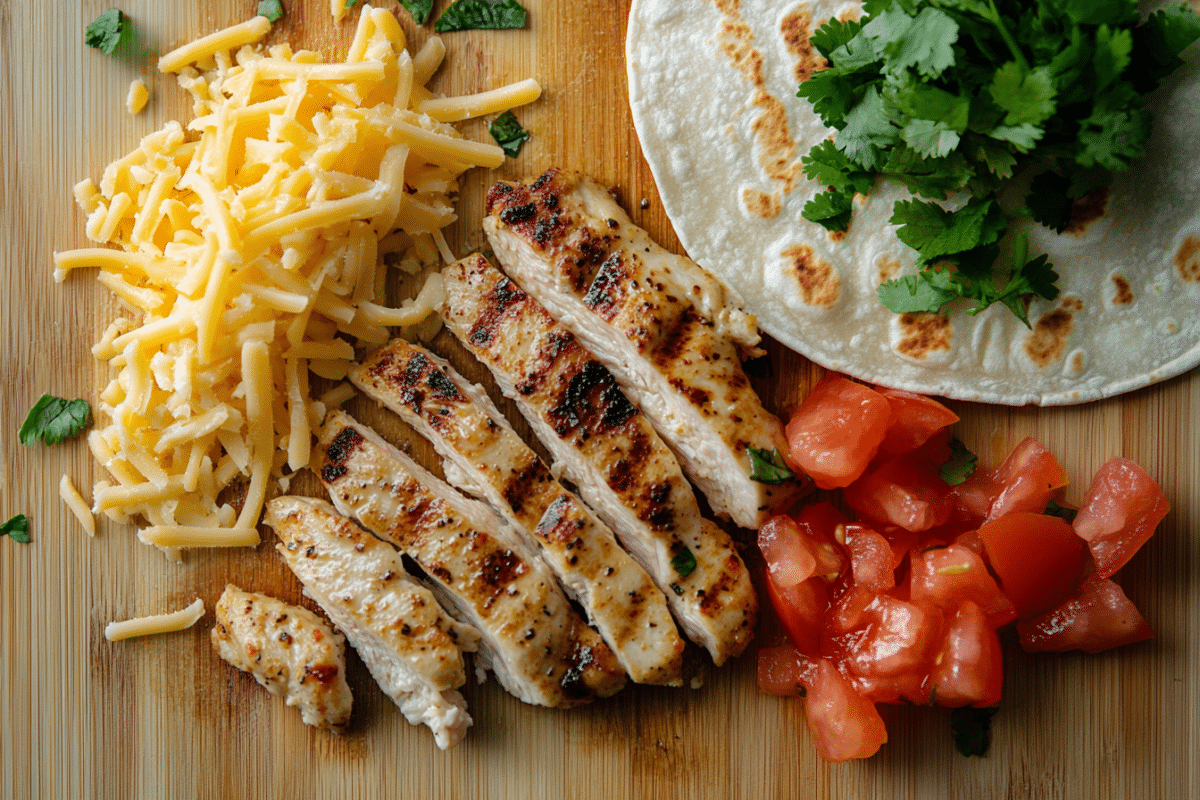 Grilled chicken breast pieces, shredded cheese, diced tomatoes, and chopped cilantro arranged on a wooden cutting board with a tortilla wrap filled with the same ingredients in the top right corner.