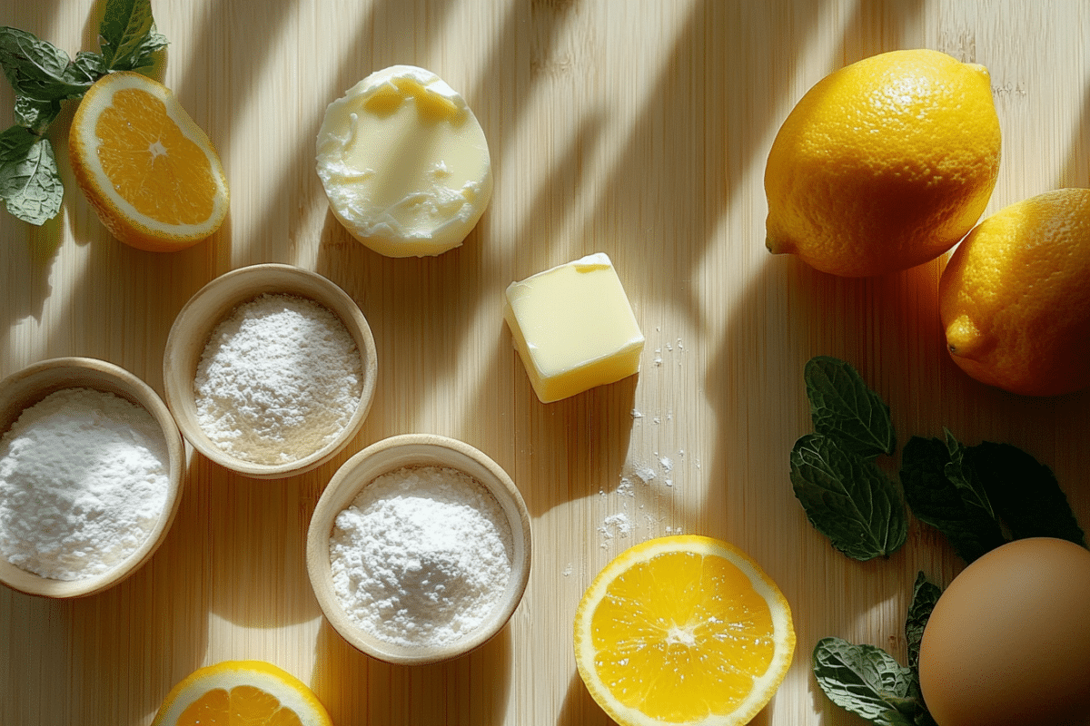 Baking ingredients on a wooden surface: flour, baking powder, butter, egg, citrus, and mint, arranged with natural light