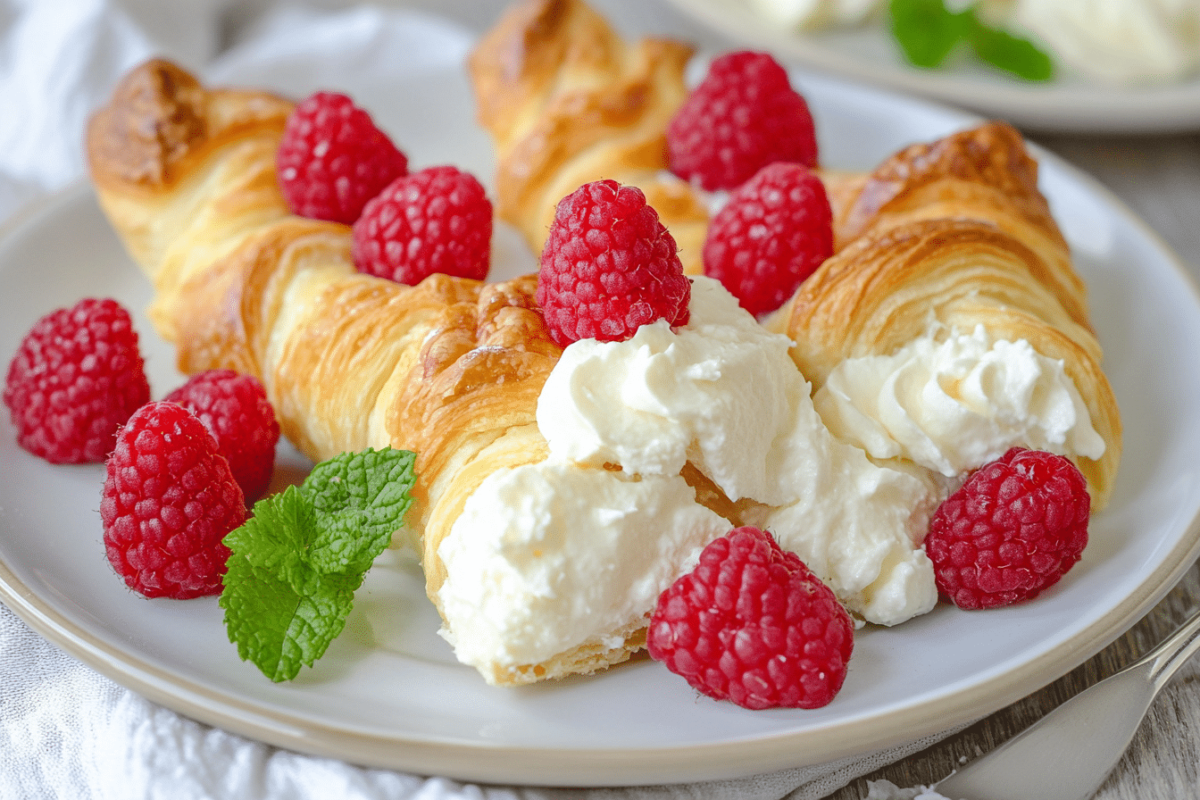 Golden cheesecake crescent rolls with a creamy filling, served on a rustic wooden platter