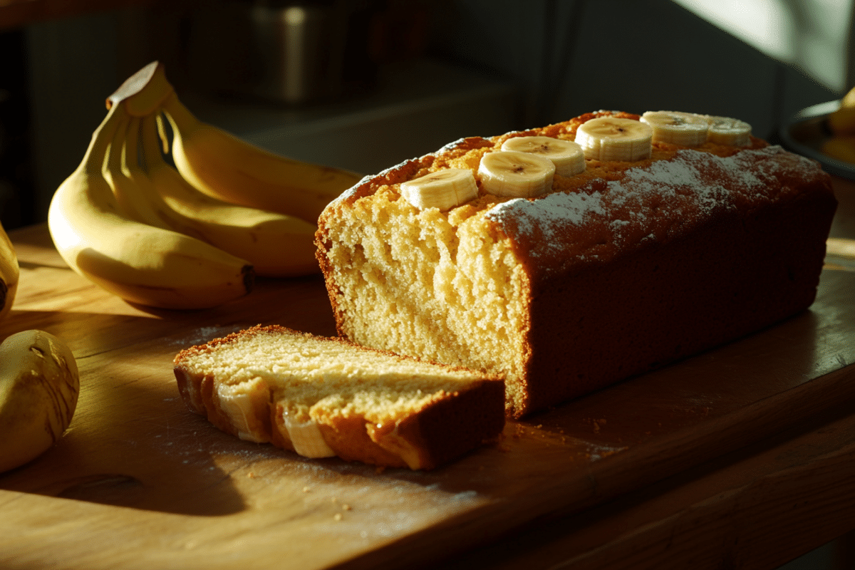 Freshly baked 4 ingredient banana bread with slices on a wooden table