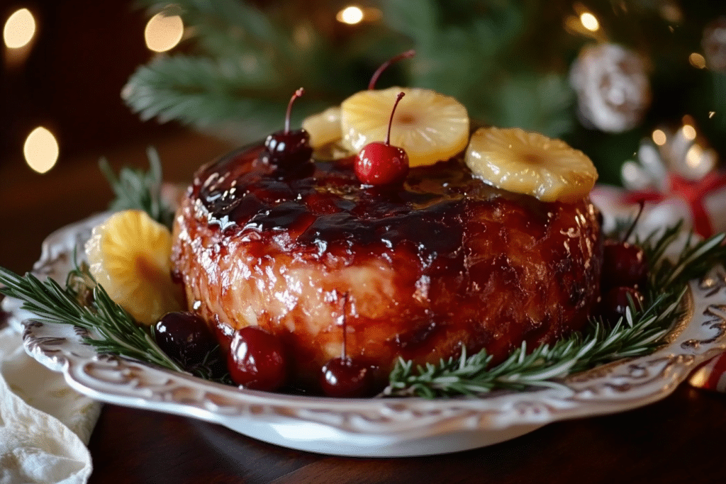 Golden-brown glazed ham with pineapple rings on a holiday table