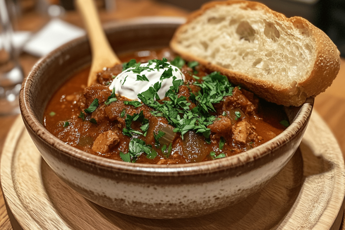 Plated Hungarian Goulash with sour cream and bread