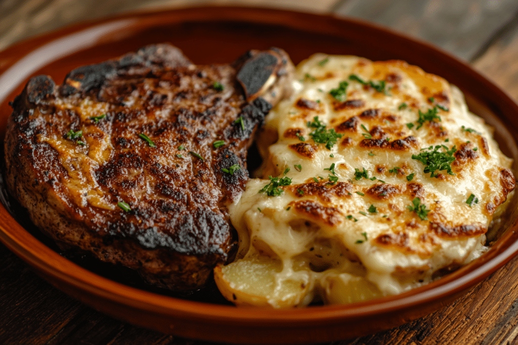 Garlic Parmesan Beef Chops with Cheesy Scalloped Potatoes