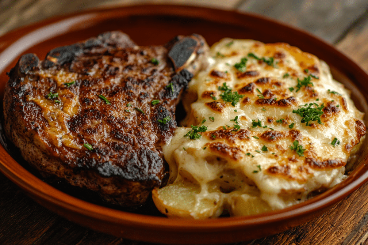 Garlic Parmesan Beef Chops with Cheesy Scalloped Potatoes
