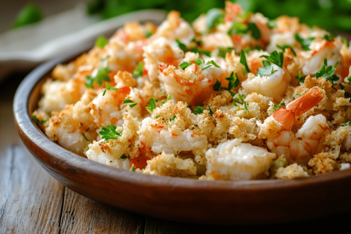 Savannah Seafood Stuffing with crab, shrimp, and parsley, served on a rustic wooden table