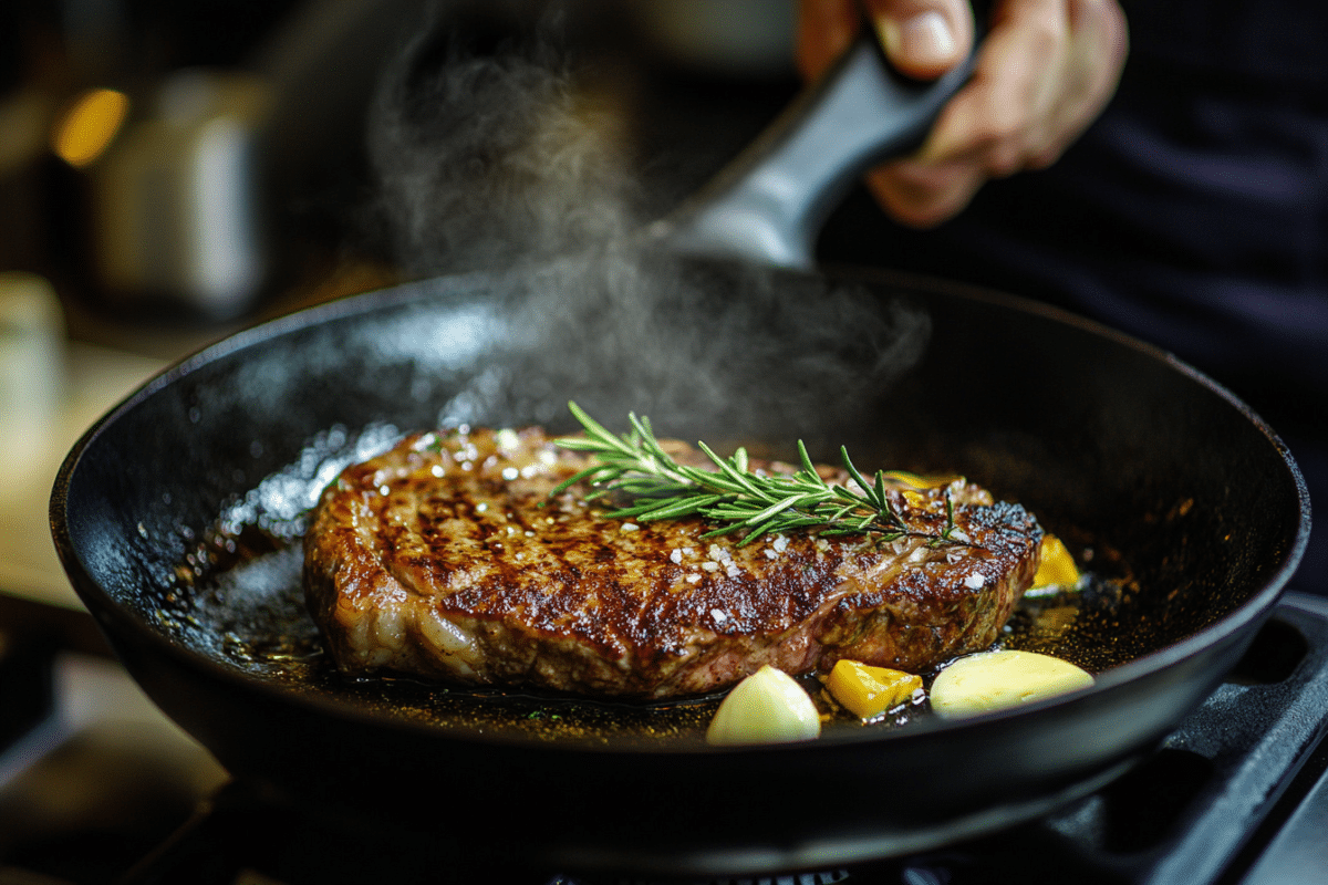 Chef flipping a seared ribeye steak in a cast iron skillet