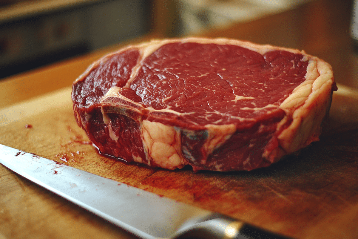 Raw ribeye steak with rich marbling on a butcher’s board