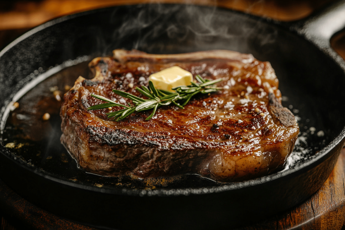 Perfectly seared ribeye steak with butter and rosemary