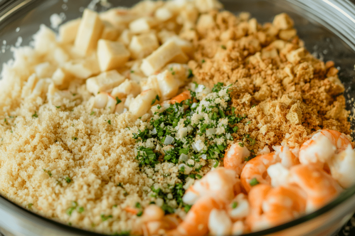 Preparing Savannah Seafood Stuffing with breadcrumbs, seafood, and spices in a bowl.