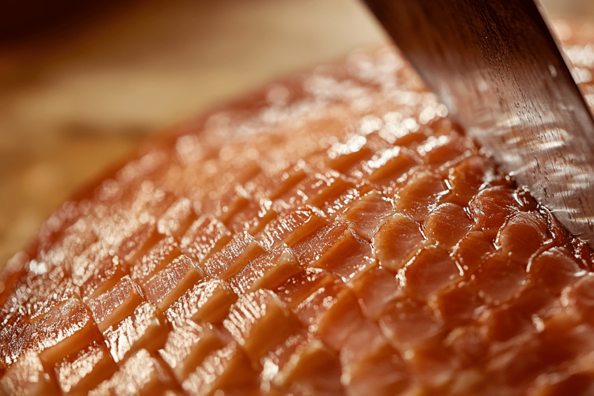 Spiral-cut ham being scored before glazing