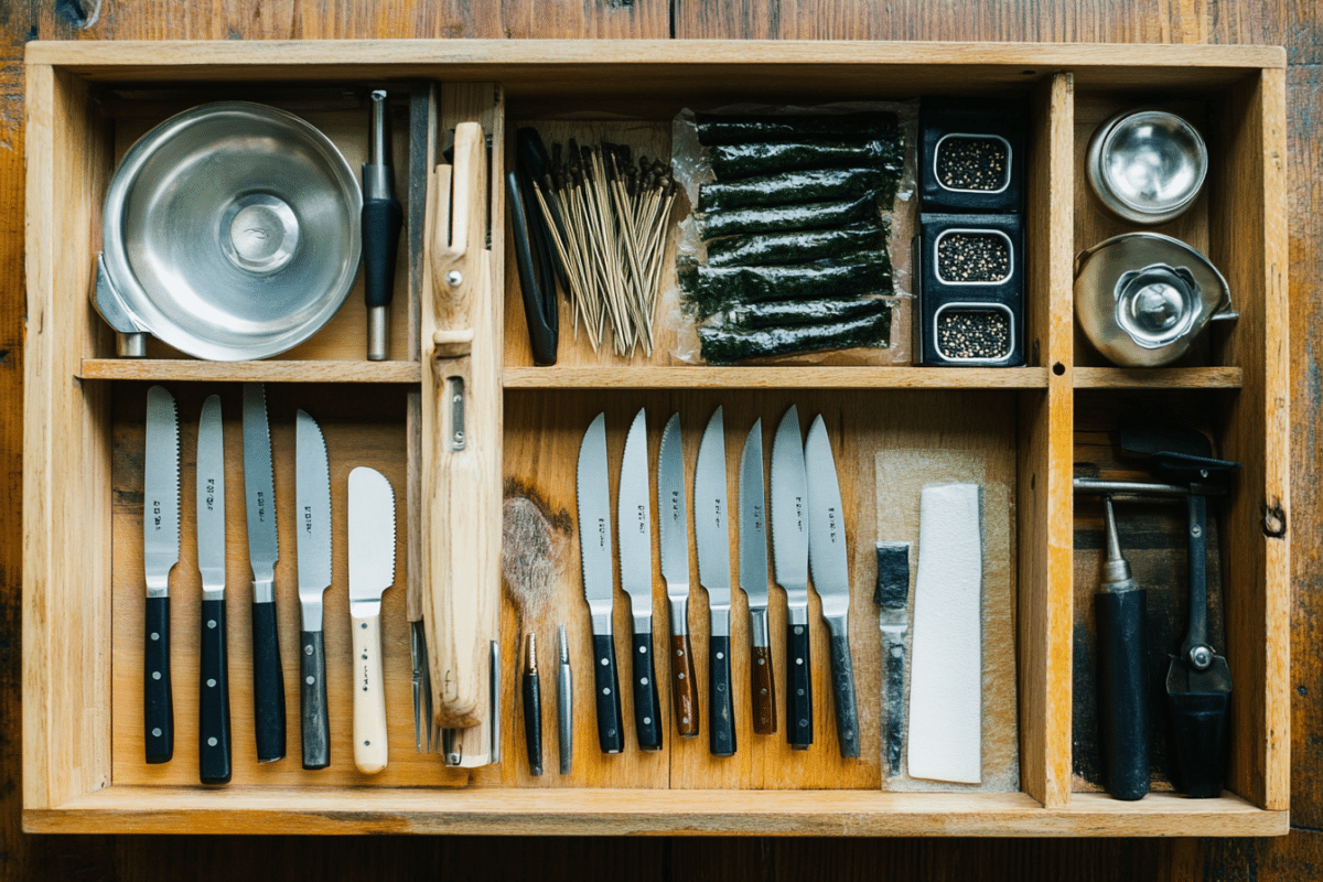 Essential sushi-making tools, including a bamboo mat, sharp knife, rice paddle, and fresh ingredients, arranged neatly on a kitchen countertop