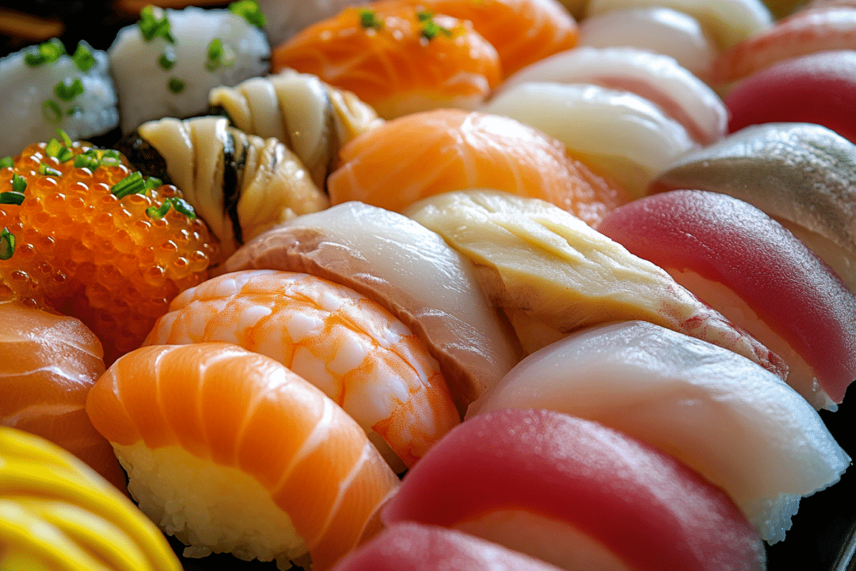 Fresh ingredients for healthy homemade sushi, including sushi rice, nori, fresh vegetables, and salmon, displayed on a wooden cutting board