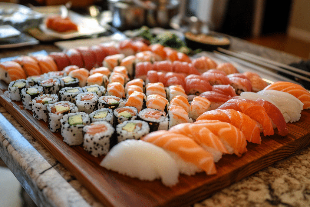 Healthy homemade sushi rolls with fresh vegetables, avocado, and lean protein, elegantly arranged on a plate with dipping sauces.