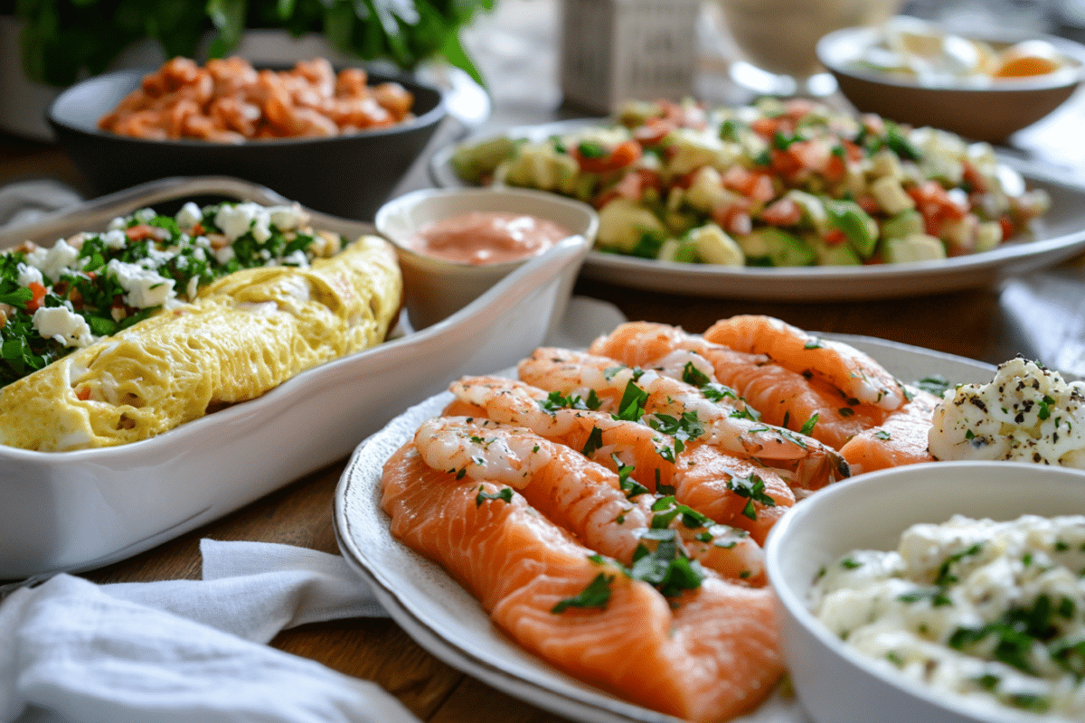 Smoked seafood brunch platter with a variety of high-protein options, including smoked salmon, shrimp, and garnishes, elegantly arranged on a wooden serving board