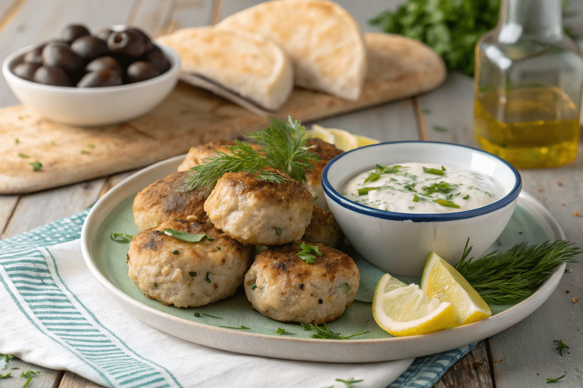 Greek chicken meatballs with tzatziki sauce on a wooden plate