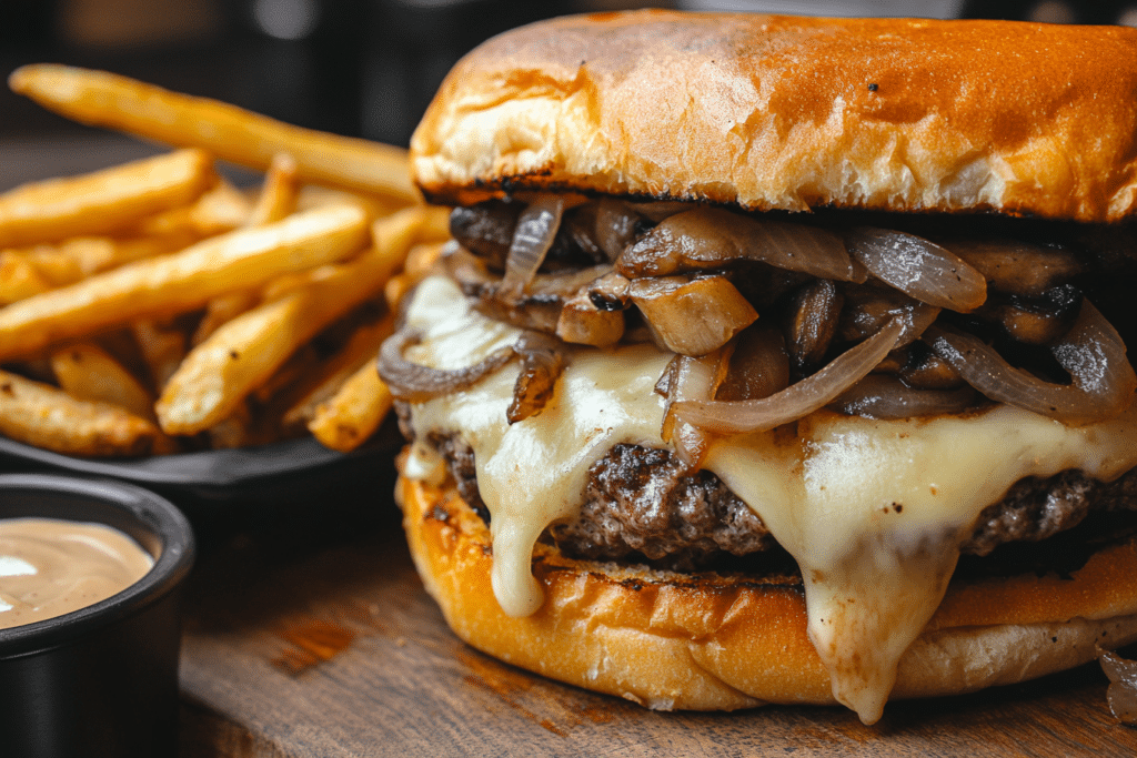 Swiss Mushroom Melt with melted Swiss cheese and caramelized onions