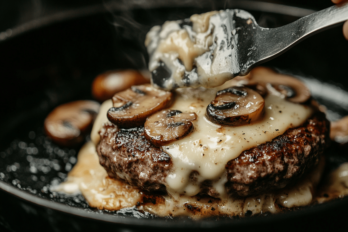 Swiss Mushroom Melt with melting cheese in the pan