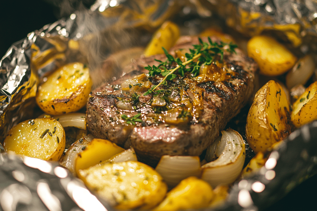 Grilled steak and potato foil packet mea