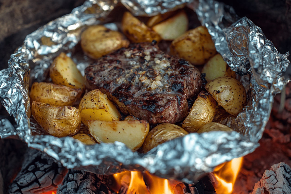 Foil packet cooking on a campfire