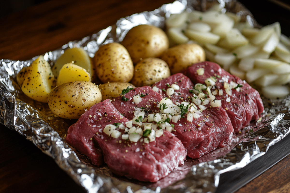 Assembling foil packet with steak and potatoes