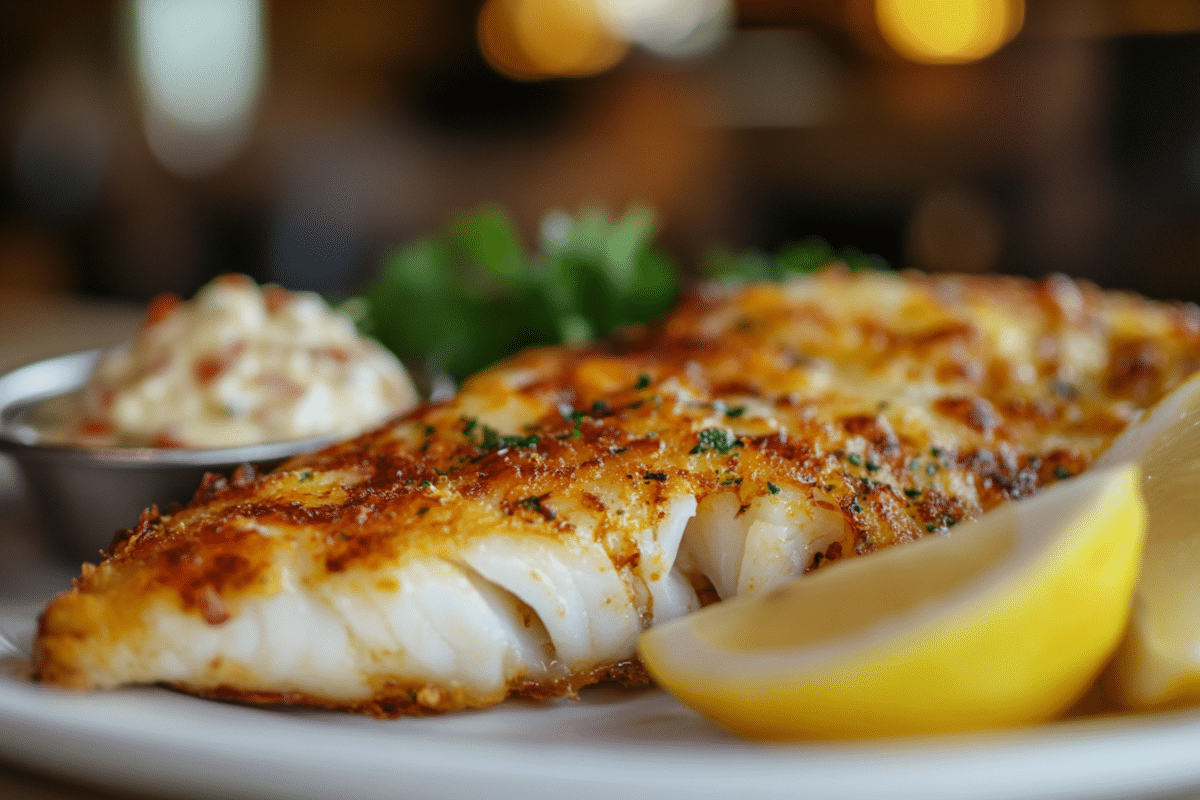 Crispy air fryer cod fillet with tartar sauce and lemon wedges.